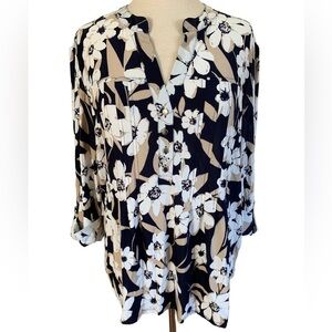 COCOMO XL Floral Blue Beige 3/4 sleeve  women’s Pintuck Blouse tunic top …